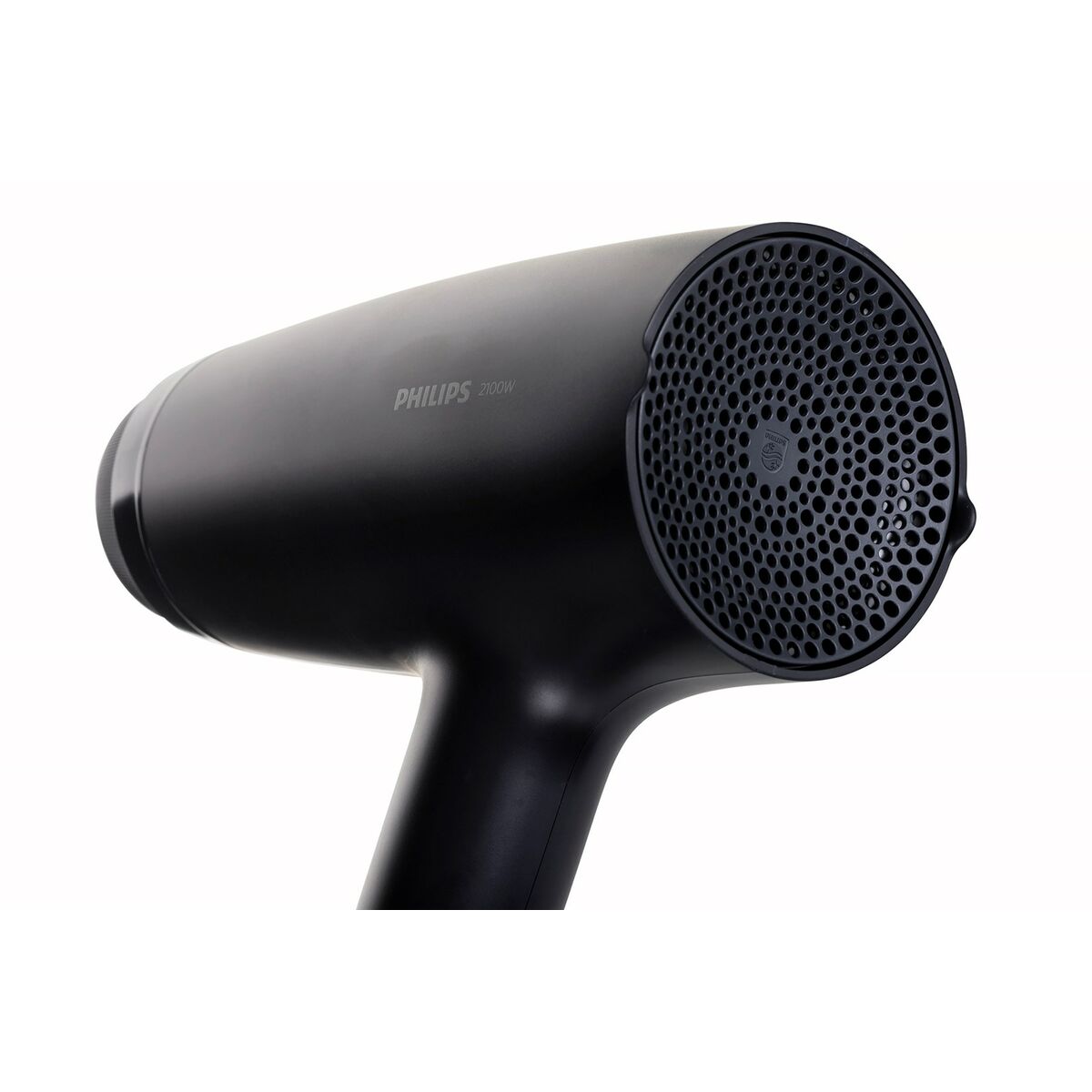 Philips hair dryer close-up view, featuring a sleek black design and powerful DC motor for efficient drying.