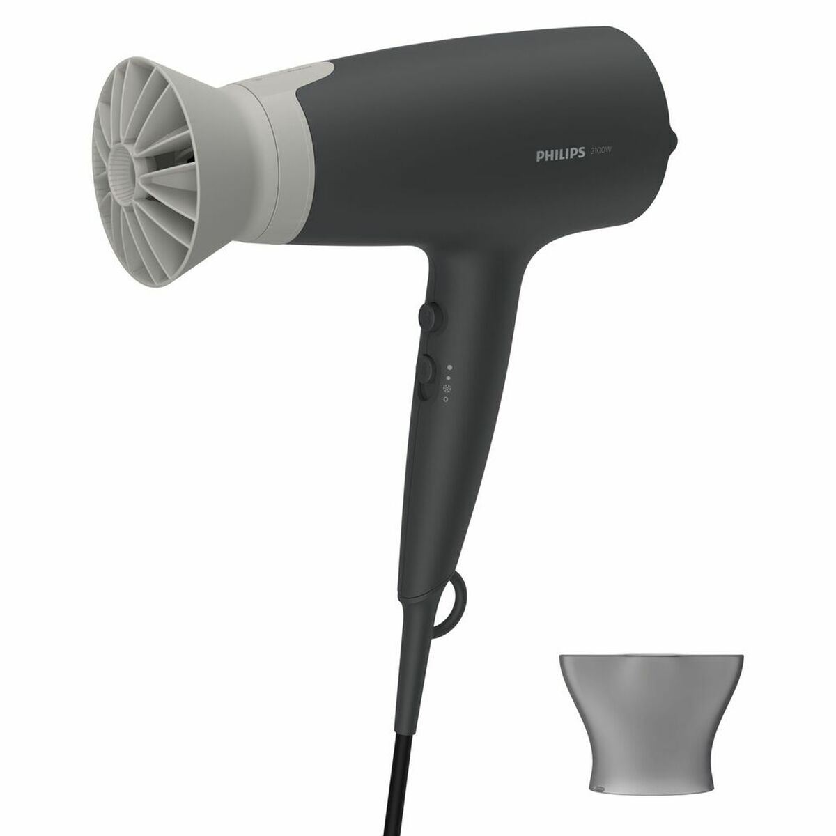 Sèche-cheveux Philips 03205538 gris, 2100 W, avec accessoire et câble de 1,8 m, 6 niveaux de température.