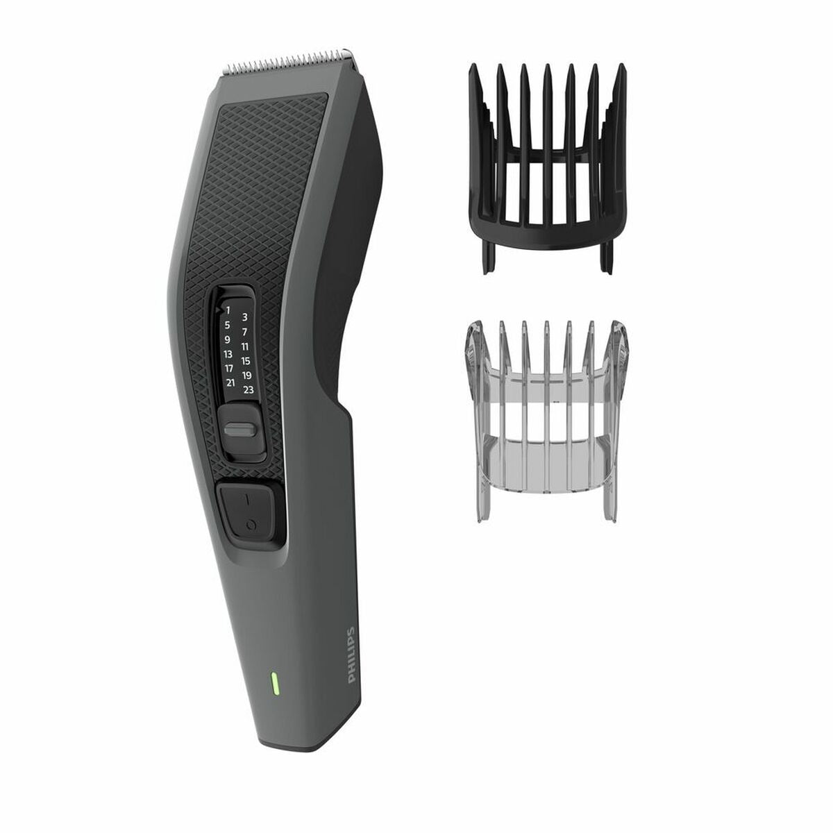 Tondeuse Philips HC3525/15 avec accessoires de coupe, couleur gris noir, design ergonomique et fonctionnalités avancées.