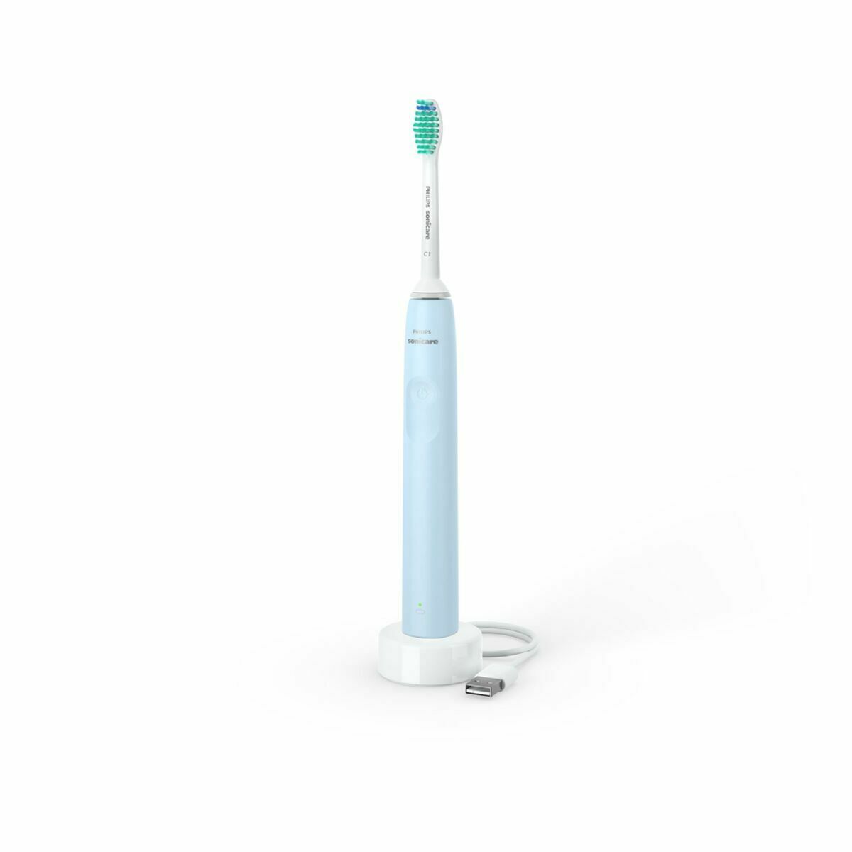 Brosse à dents électrique Philips avec chargeur, design élégant et batterie rechargeable intégrée.