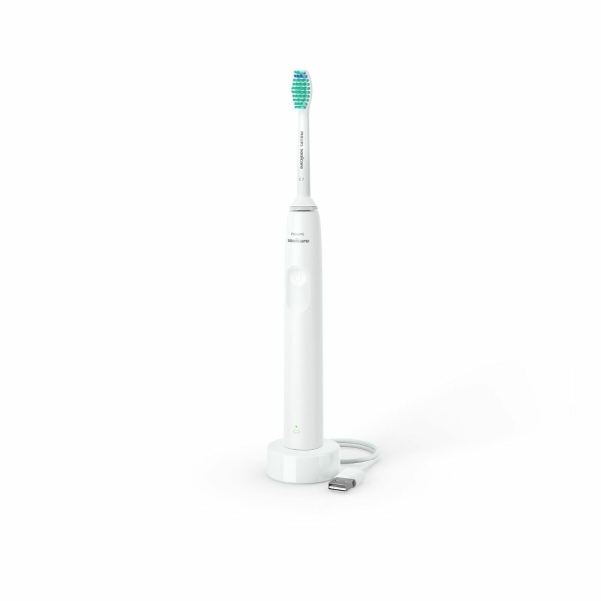Brosse à dents électrique Philips HX3651/13 blanche rechargeable avec support et câble de charge.