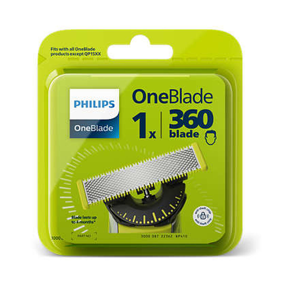 Tête de rasage Philips OneBlade dans un emballage vert, compatible avec tous les produits OneBlade.