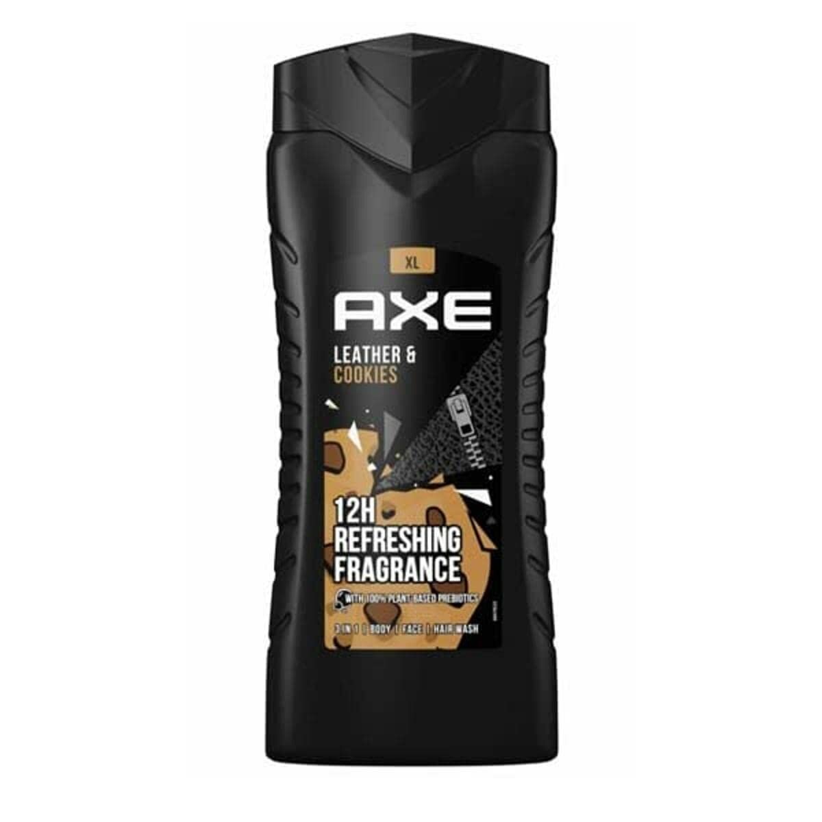 Gel de douche Axe Leather & Cookies 400 ml, 3-en-1 pour tous types de cheveux et peau, parfum rafraîchissant.