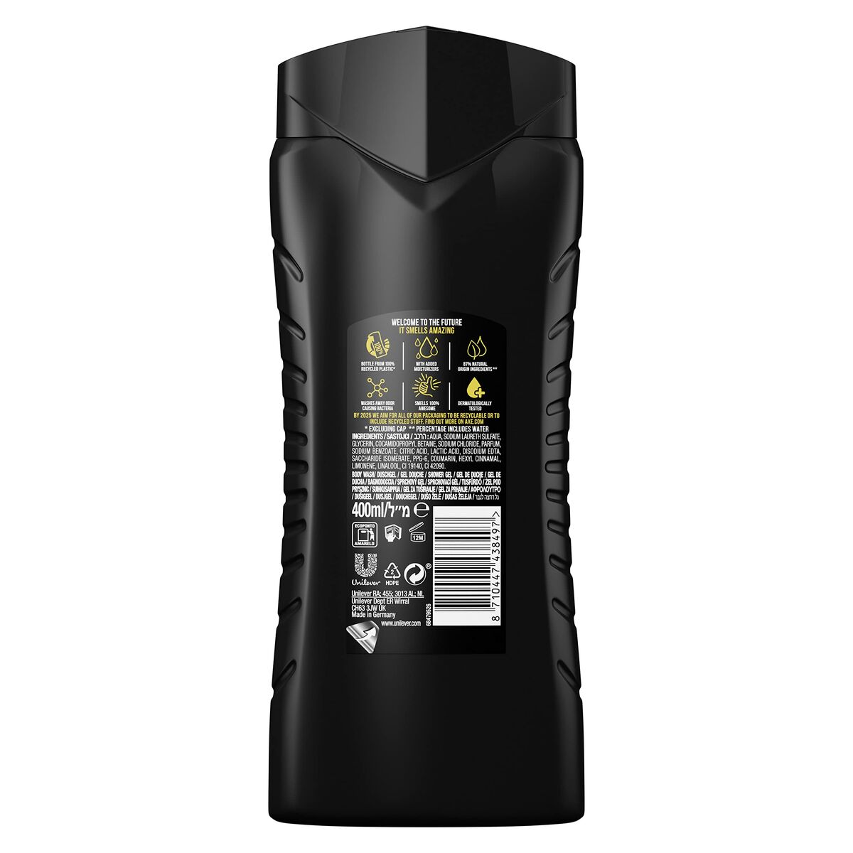 Gel de douche Axe AXE Leather & Cookies 400 ml, affichage des instructions et ingrédients à l'arrière.