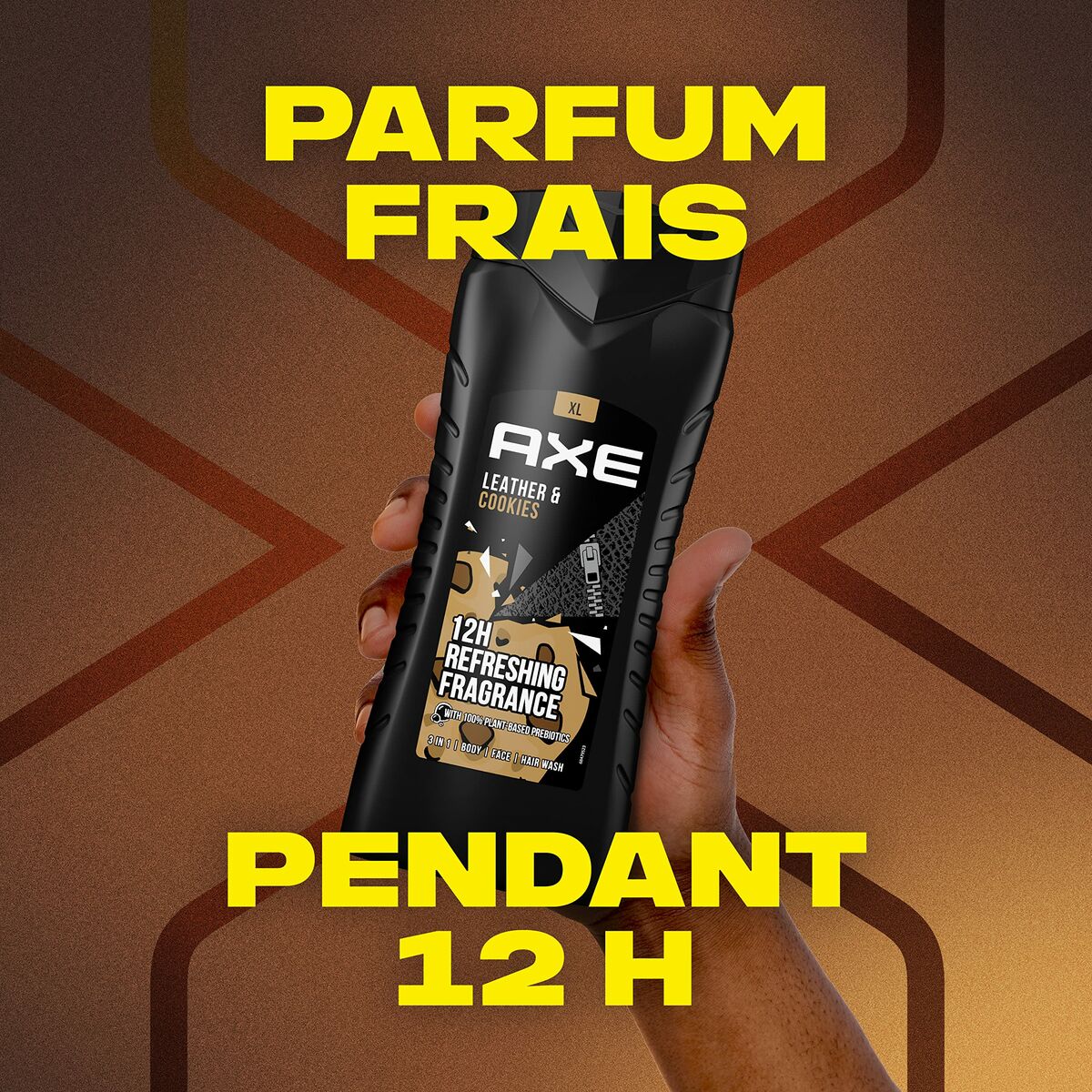 Gel de douche Axe Leather & Cookies 400 ml avec parfum frais et effet 12h, idéal pour hommes.
