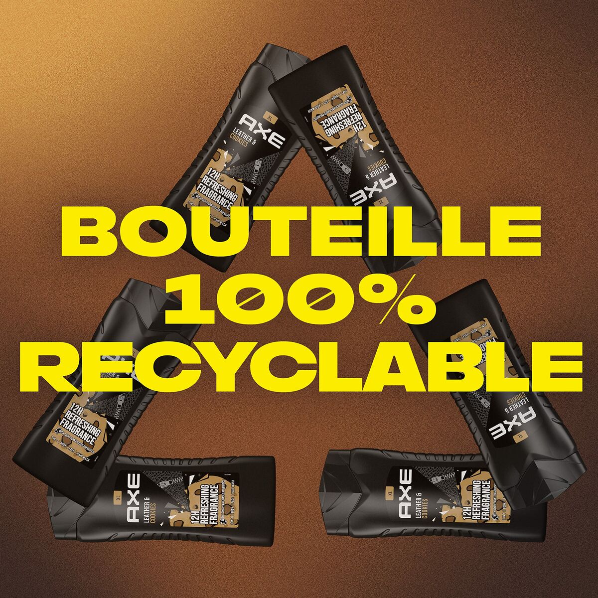 Axe shower gel packaging with a message about 100% recyclable bottles.