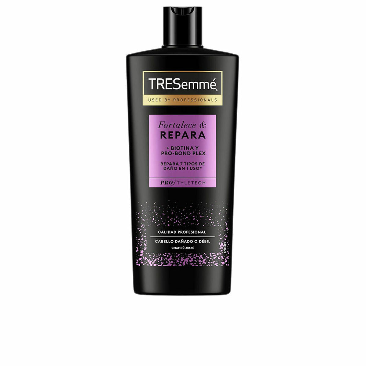 Bouteille de shampooing réparateur TRESemmé Fortalece & Repara 685 ml pour cheveux abîmés, usage unisexe.
