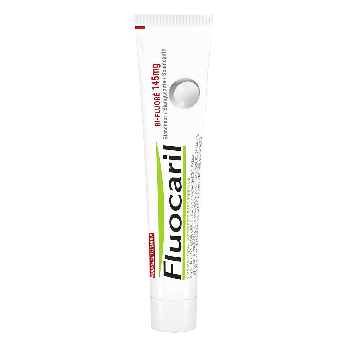 Fluocaril toothpaste tube displaying 145 mg fluoride for effective oral care.