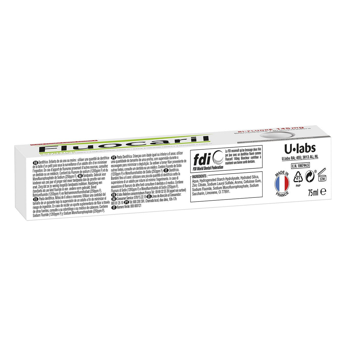 Packaging of Fluo caril U-labs toothpaste, 75 ml, showcasing product details and French origin.