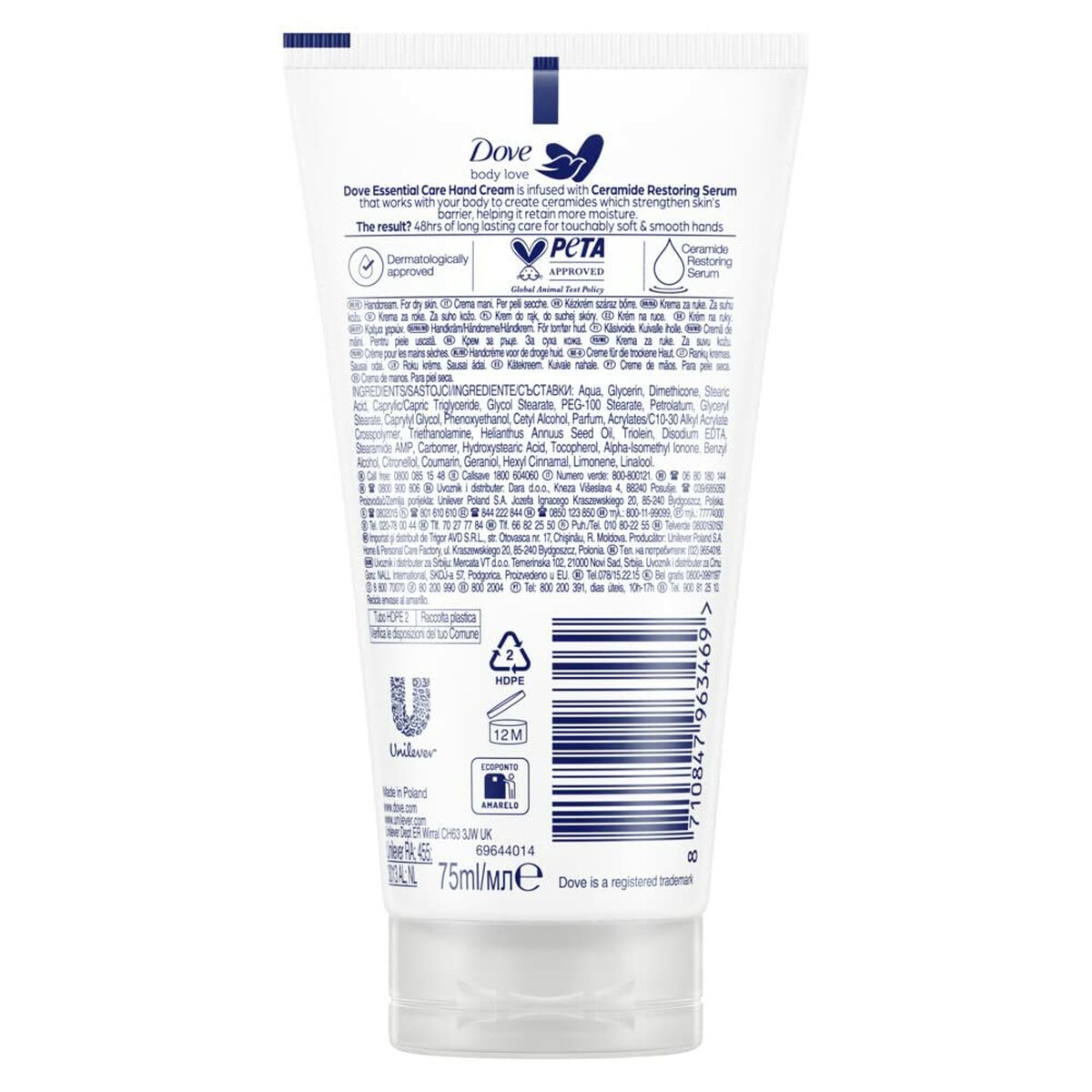 Lotion mains Dove ESSENTIAL CARE 75 ml, crème unisexe pour tous types de peau, hydratation et luxe à prix abordable.