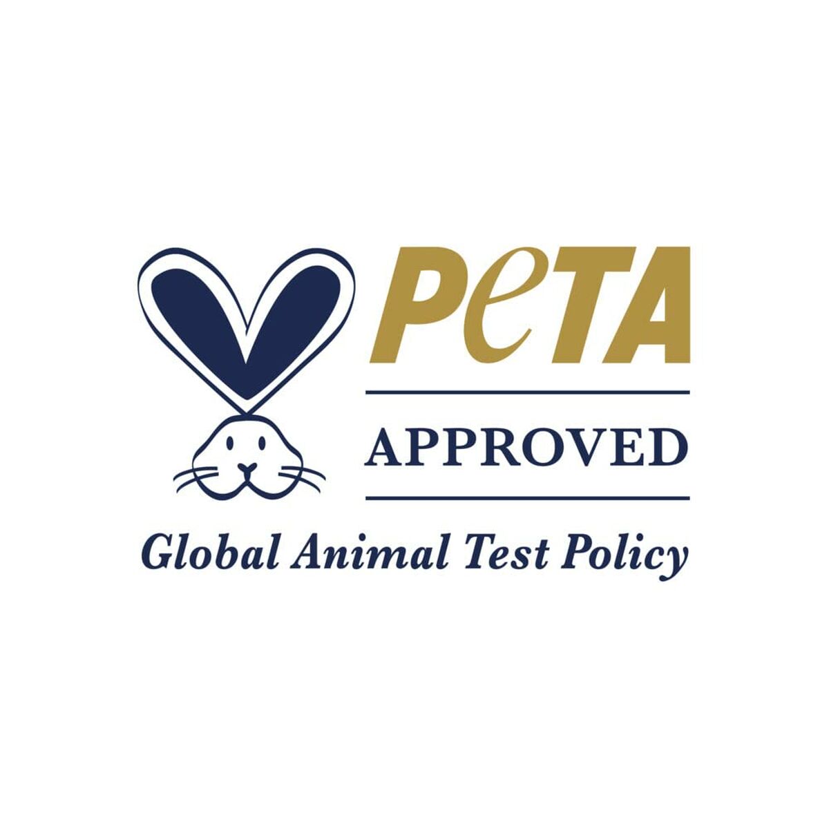 PETA approved logo for global animal test policy with a heart and rabbit design