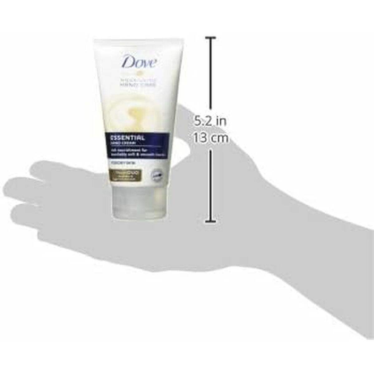 Dove Essential Care hand lotion 75 ml size comparison against a hand silhouette.