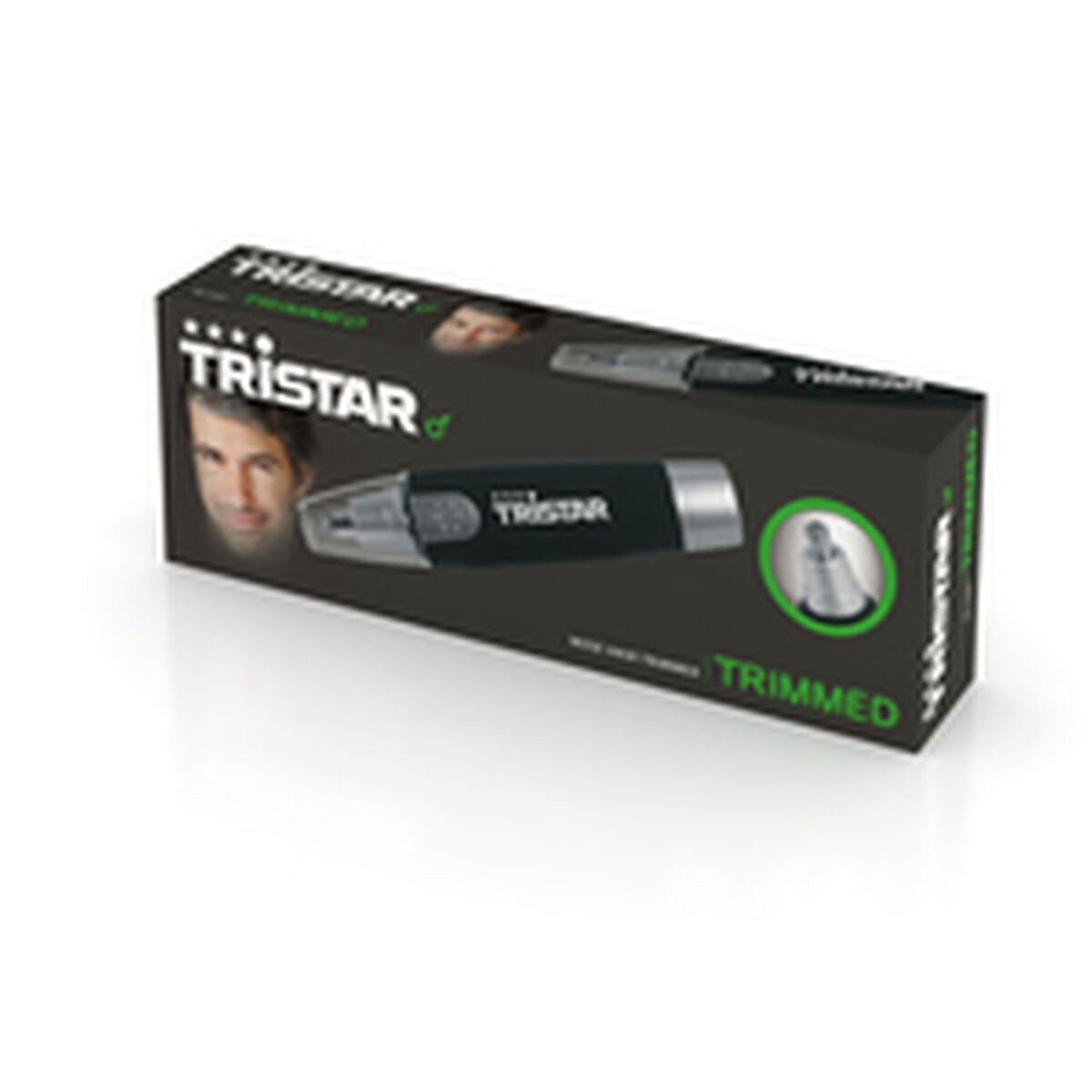 Tondeuse à cheveux Tristar en emballage, idéale pour la coupe de cheveux et le rasage domestique, couleur argenté et noir.