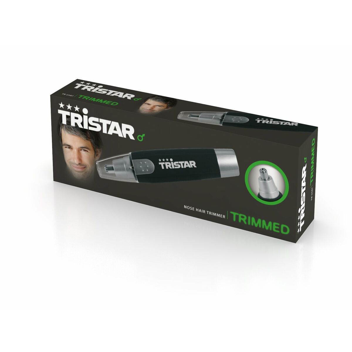 Tondeuses à cheveux Tristar avec un boîtier argenté et noir pour une coupe précise, emballage avec image de l'appareil.