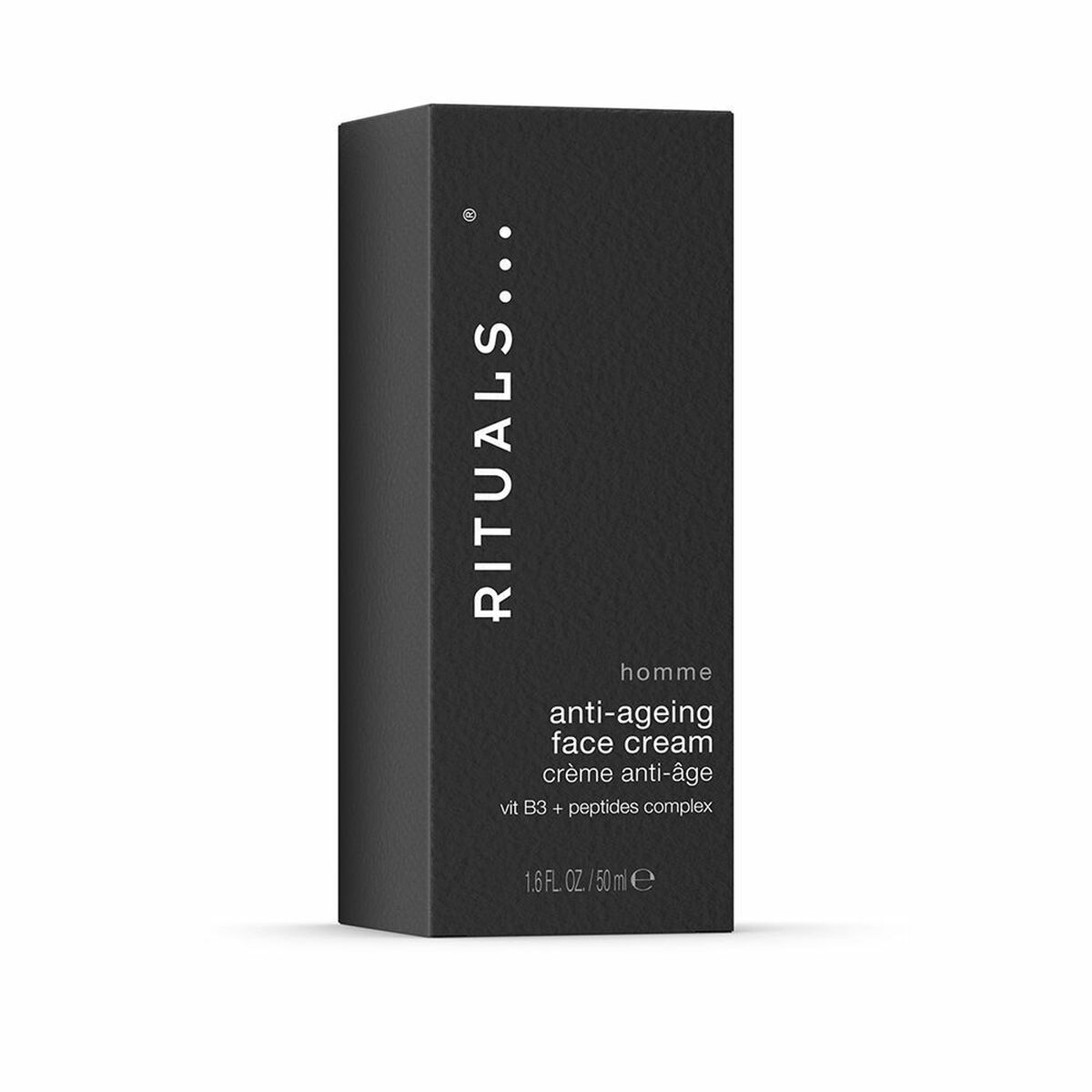 Rituals Homme anti-ageing face cream packaging, featuring a sleek black design and natural ingredients for skincare.