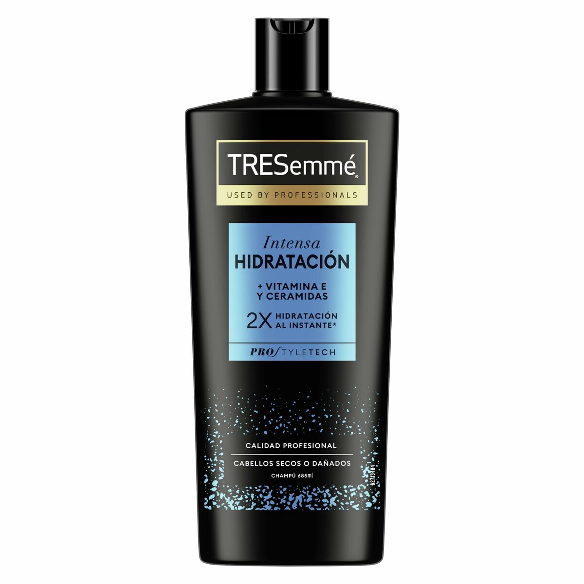Tresemmé Intensa Hidratación shampoo with Vitamin E and Ceramides for dry and damaged hair, 685 ml bottle.