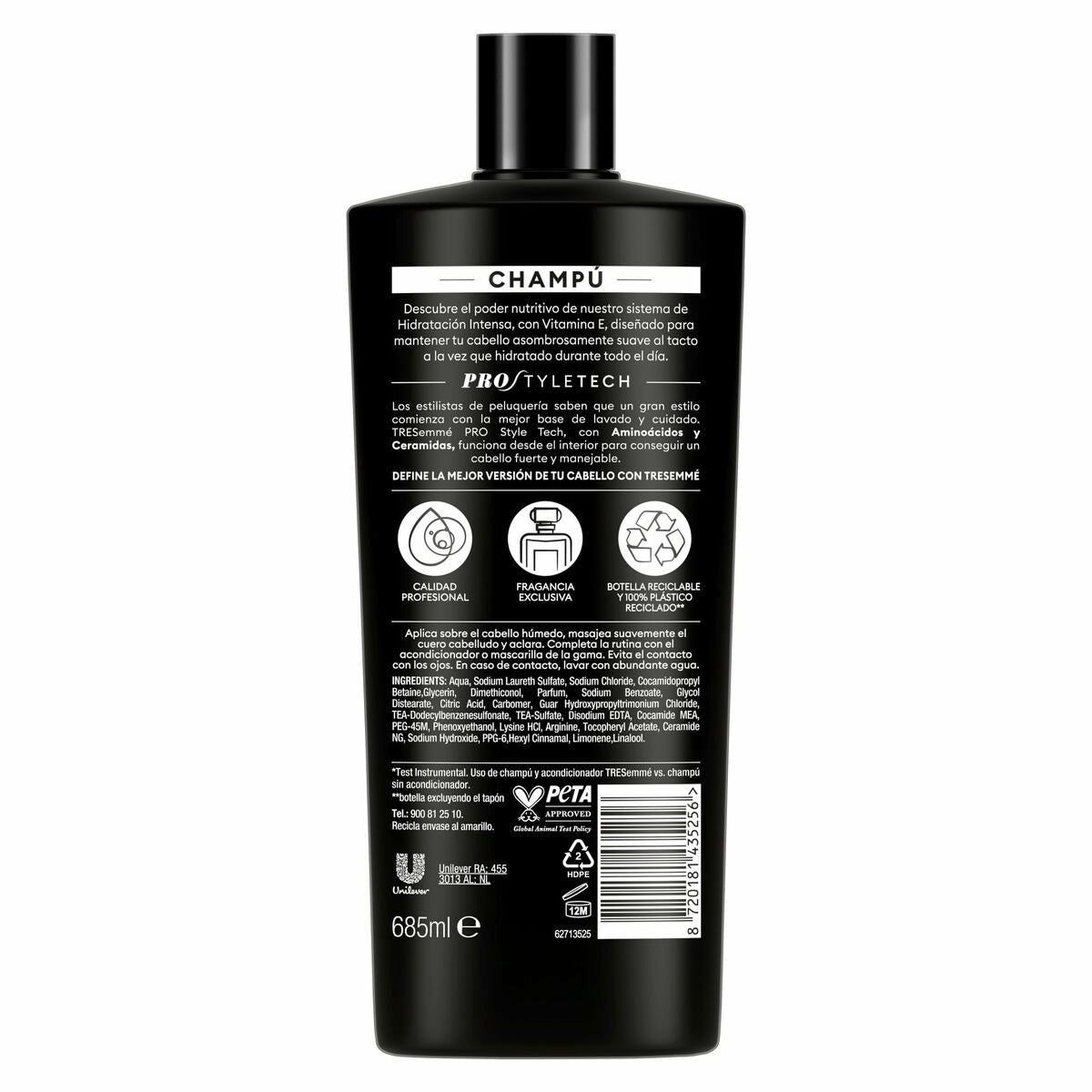 Flacon de shampooing Tresemme HIDRATACIÓN INTENSA 685 ml, traitement pour cheveux secs et abîmés.