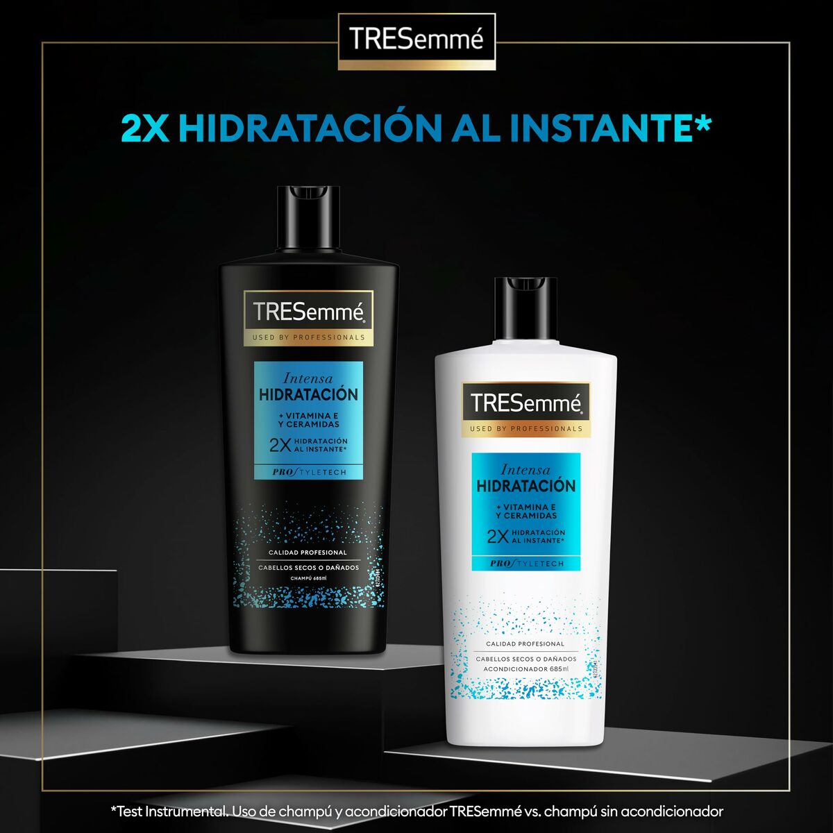 TRESemmé shampoo and conditioner bottles showcasing intense hydration benefits, ideal for all hair types.