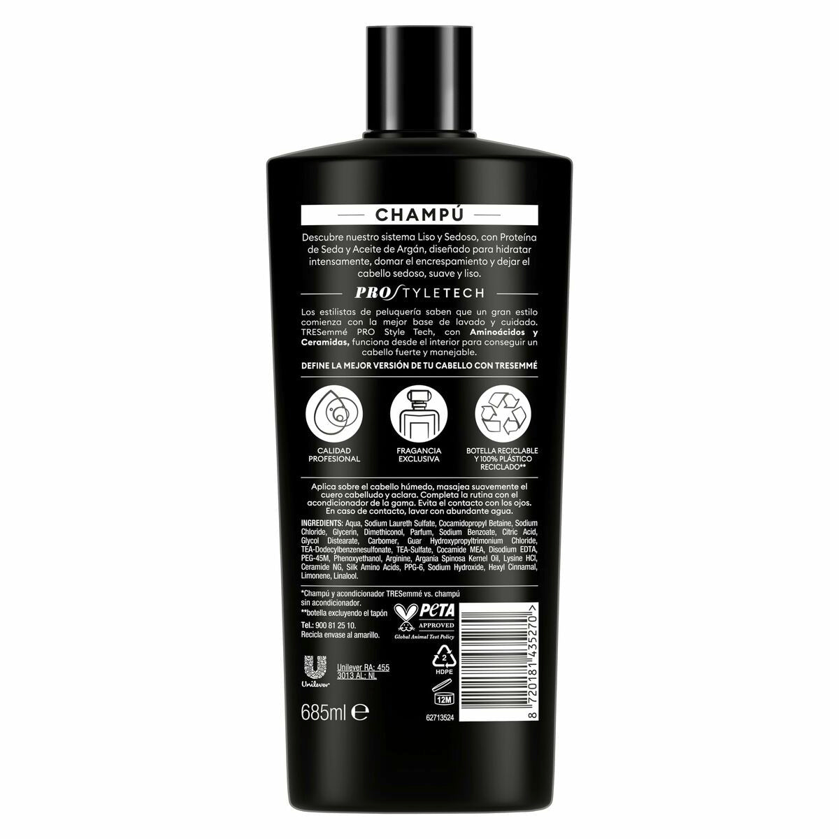 Flacon de shampoing Tresemme LISO&SEDOSO, 685ml, conçu pour cheveux secs, avec protéine d'Argan et technologie Pro-Style.