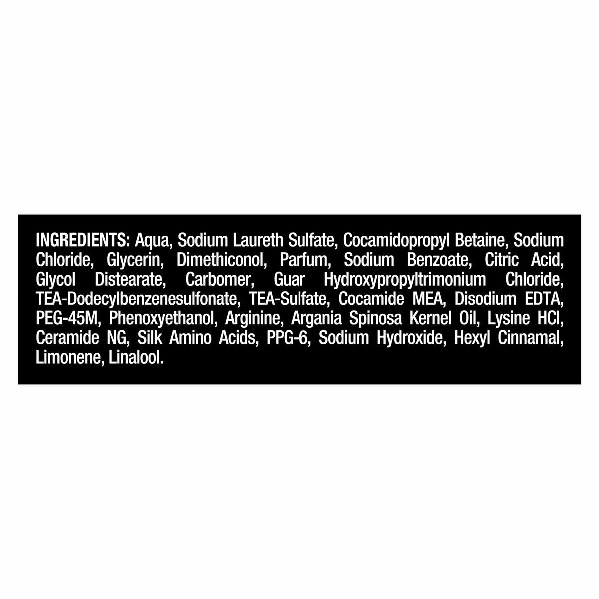 List of ingredients for Tresemme LISO&SEDOSO shampoo including Aqua, Glycerin, and Argania Spinosa Kernel Oil.