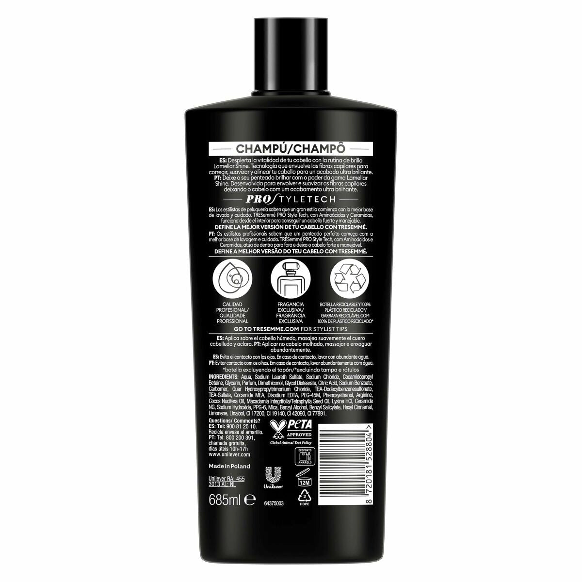 Back view of Tresemme LAMELLAR SHINE shampoo bottle, 685 ml, showing product details and ingredients.