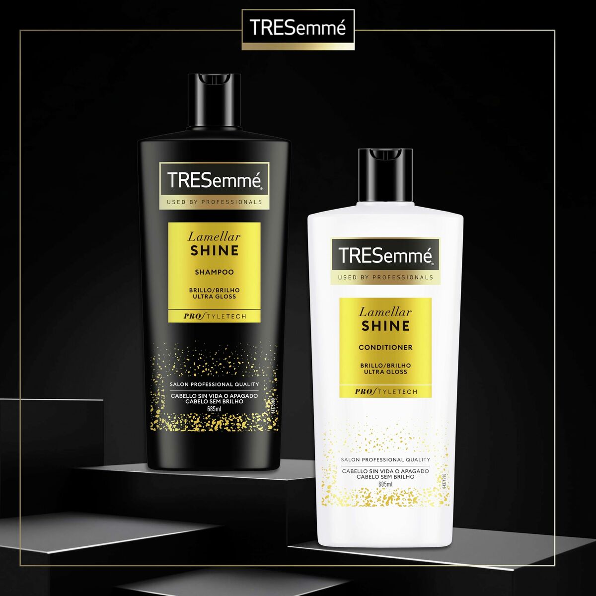 Tresemme Lamellar Shine shampoo and conditioner bottles, showcasing professional quality hair care products.