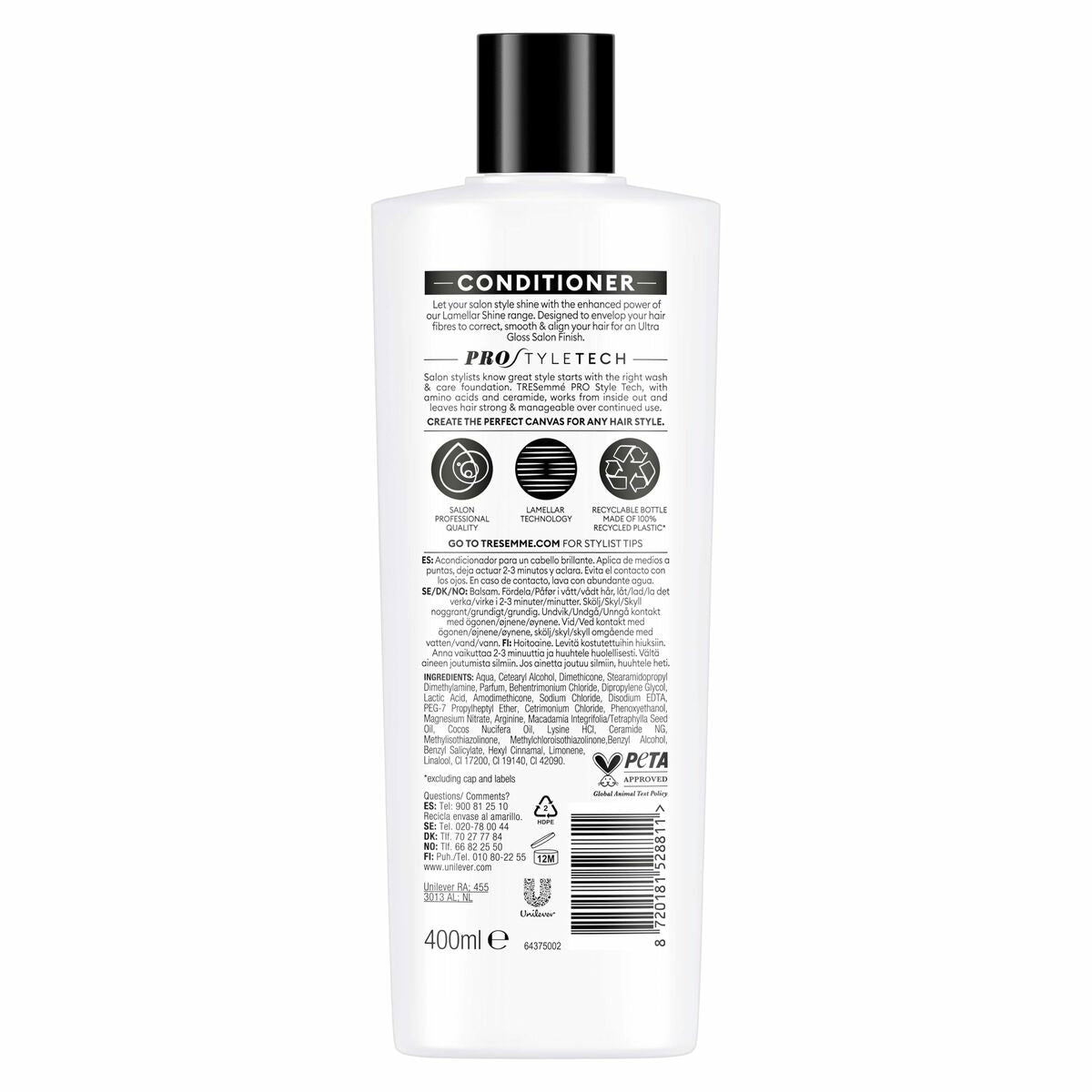Retour d'étiquette de l'après-shampooing Tresemme LAMELLAR SHINE 400 ml avec instructions et ingrédients.