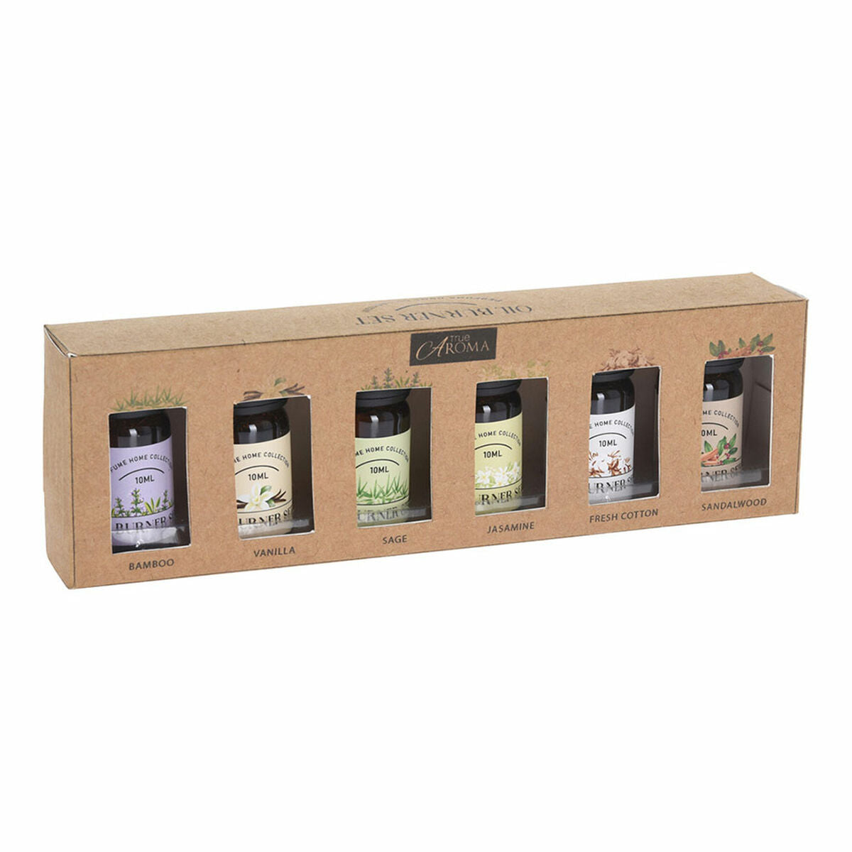 Set of six essential oil bottles in a cardboard box featuring bamboo, vanilla, sage, jasmine, fresh cotton, and sandalwood scents.