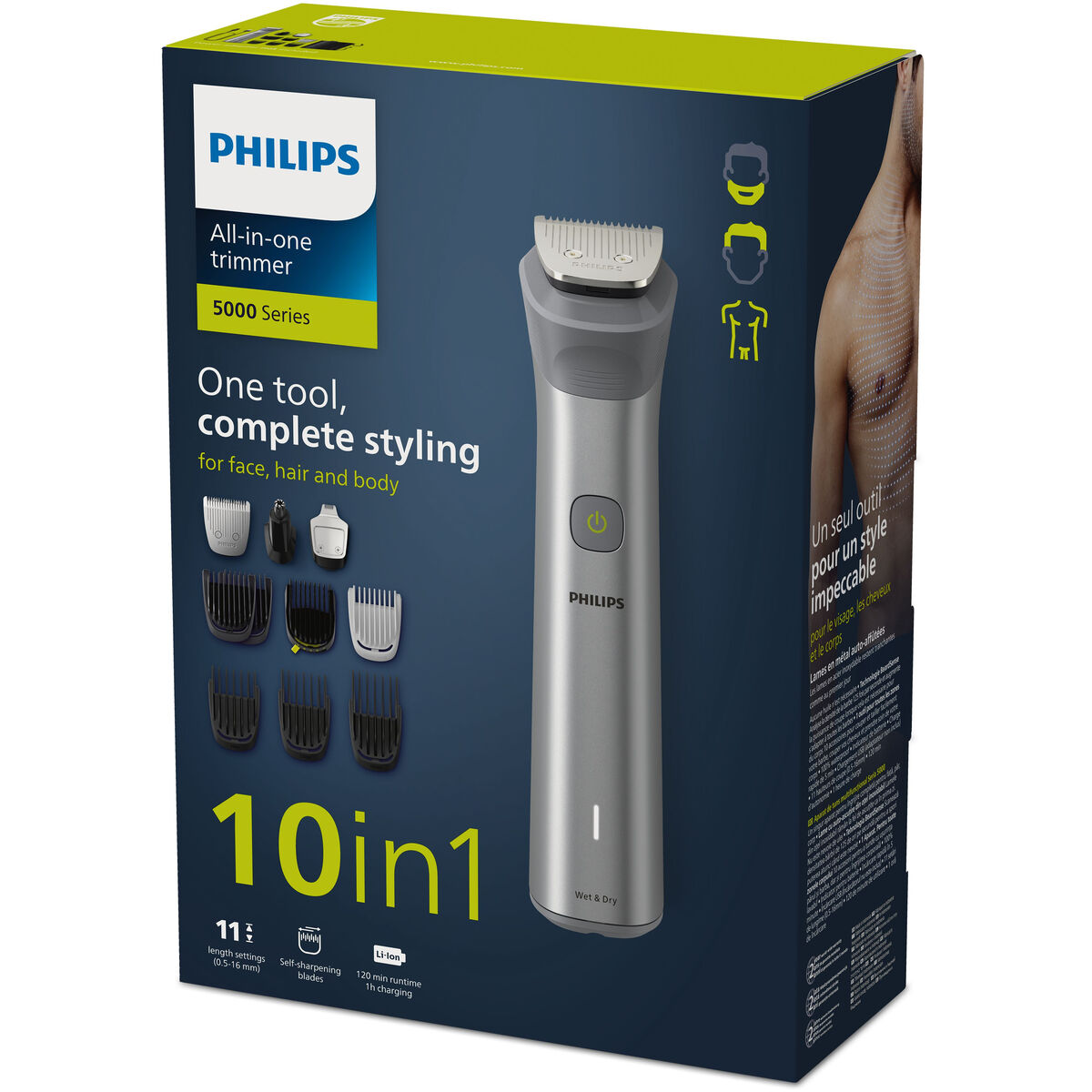 Philips 10-in-1 all-in-one trimmer packaging, designed for face, hair, and body styling. Complete grooming solution.