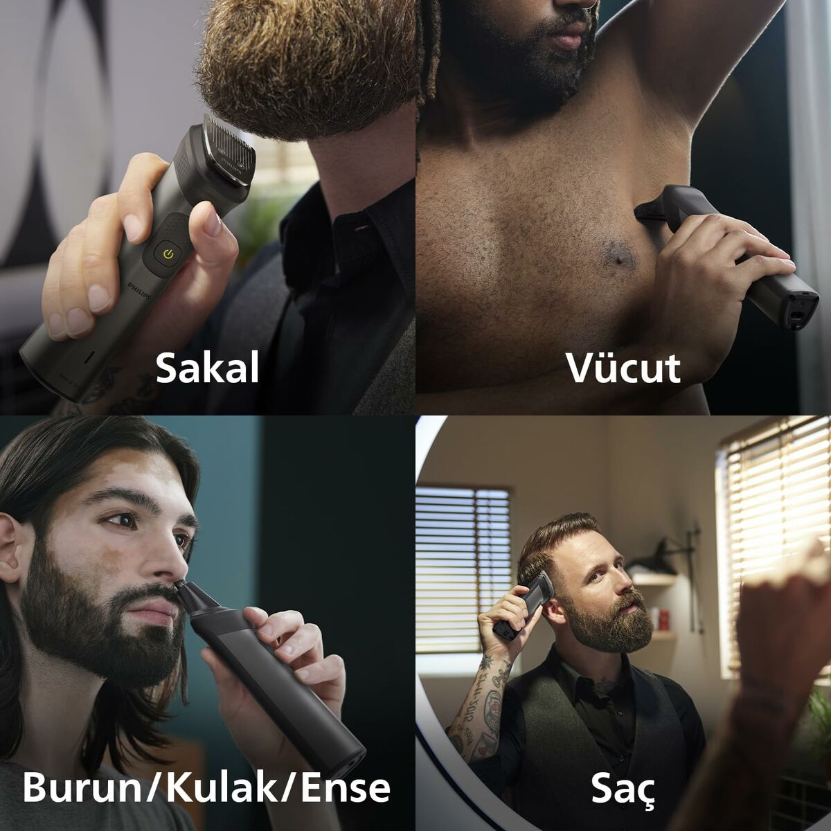 Multi-use electric trimmer for beard, body, nose, ear, and hair grooming.