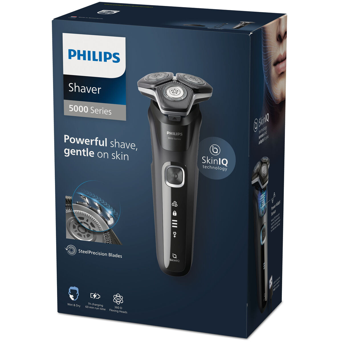 Philips S5898/25 electric shaver packaging, featuring SkinIQ technology and SteelPrecision blades, designed for gentle shaving.