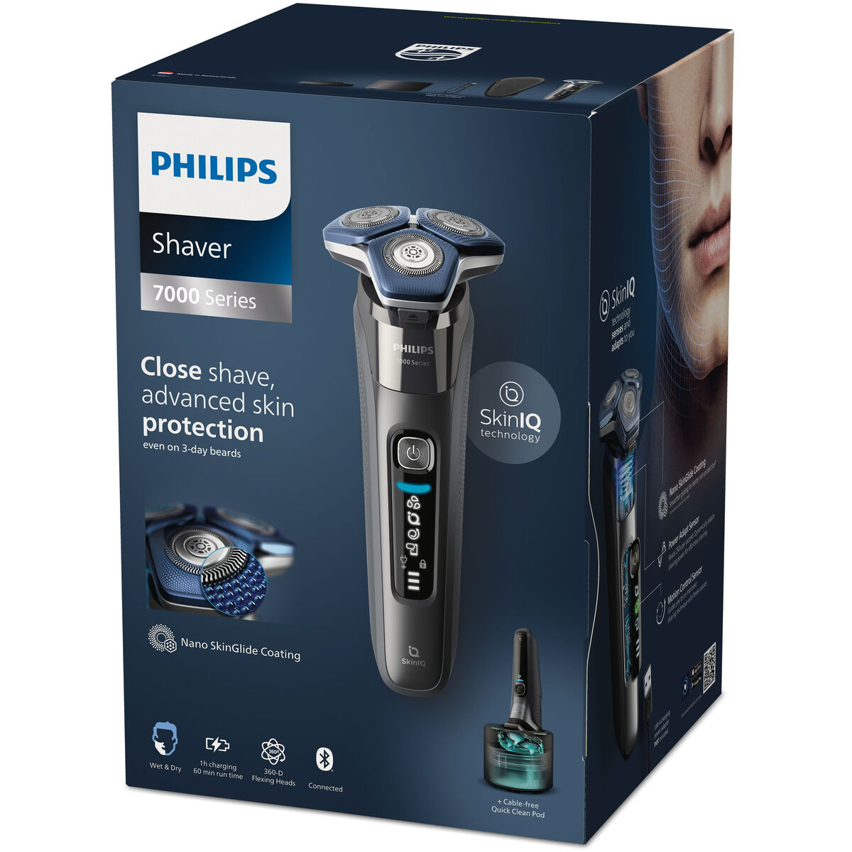 Packaging of Philips 7000 Series Shaver showing close shave and advanced skin protection features.
