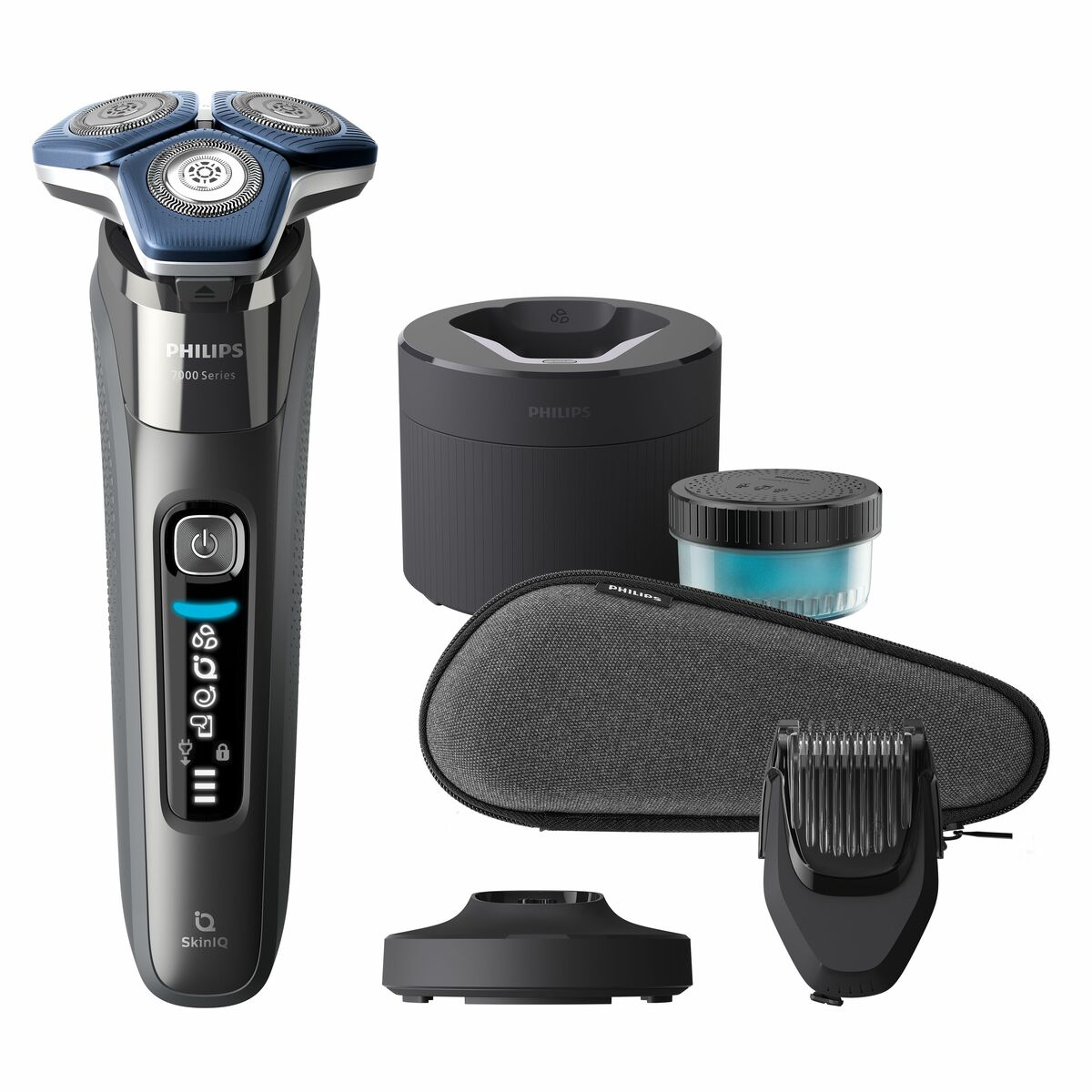 Philips S7887/58 electric shaver with accessories, including charger, cleaning base, and trimmer.