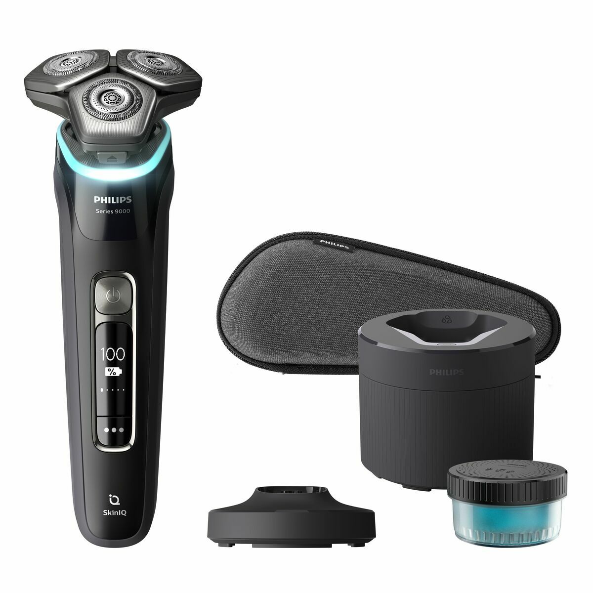 Philips S9976/55 shaver kit with wireless charging station and accessories in sleek black design.