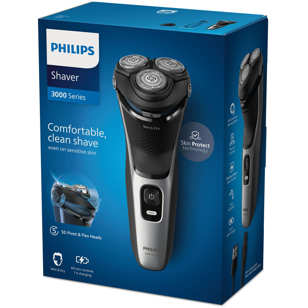 Machine à raser Philips 3000 Series, coupe confortable et propre, compatible avec peau sensible, technologie Skin Protect.