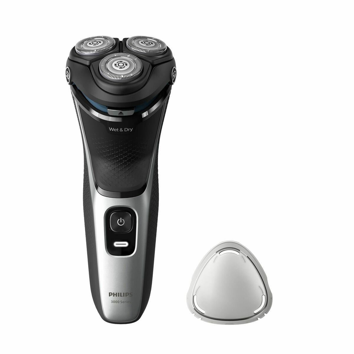 Philips S3143/00 shaver, wet & dry, stainless steel design, rechargeable, quick charge, with battery indicator.