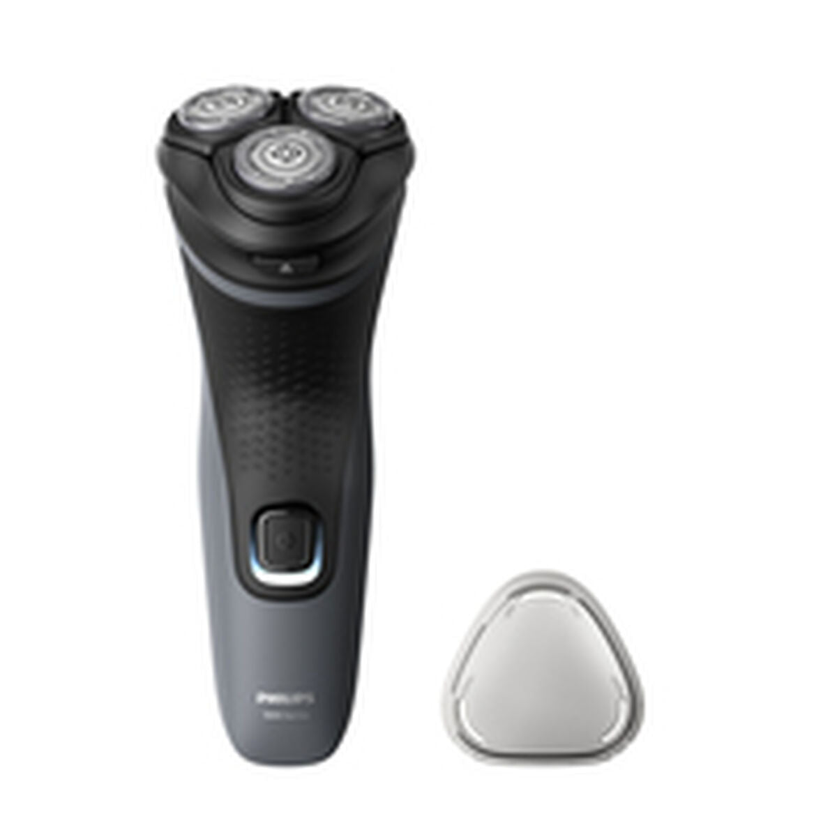 Rasoir Philips S1142/00 avec tête rasoir à trois lames, design ergonomique et pièce de recharge.