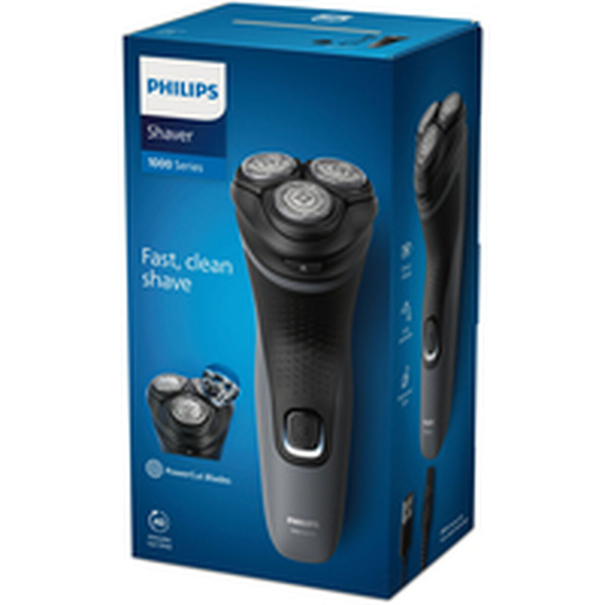 Philips S1142/00 shaver packaging showcasing a fast, clean shave and washable features for personal care.