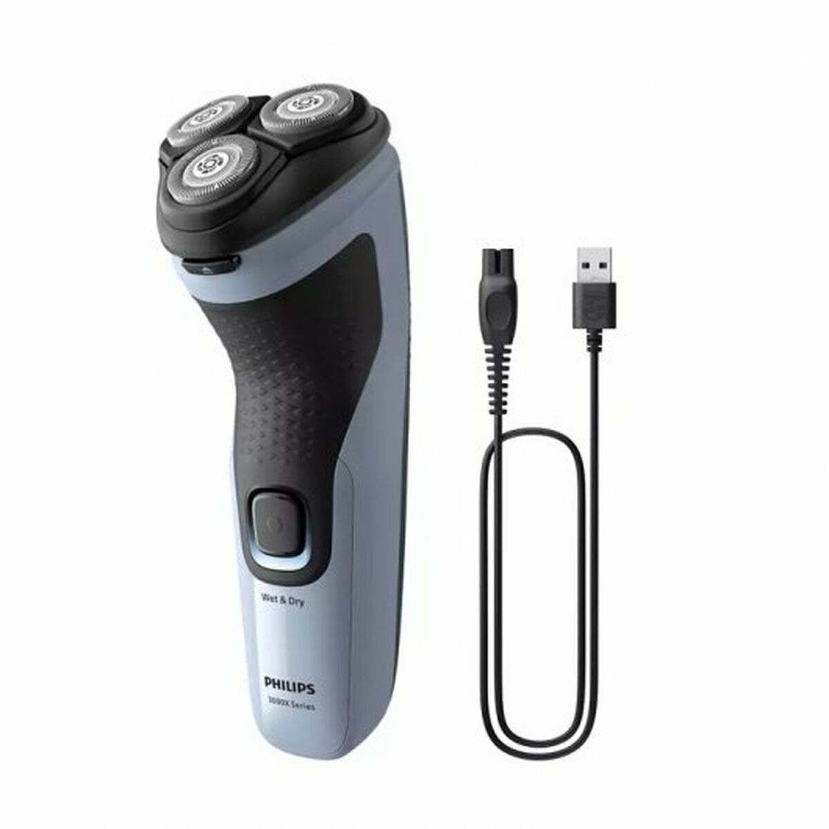 Rasoir électrique Philips X3003/00 humide et sec avec câble USB, design ergonomique et recharge rapide.