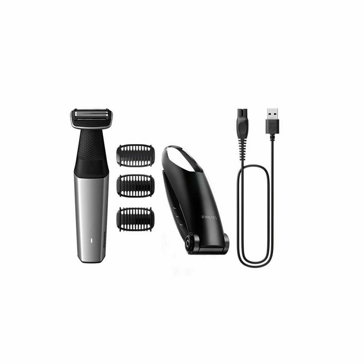 Rasoir pour le corps Philips BG5021/15 avec accessoires, câble USB et peignes de coupe, design noir et argenté.