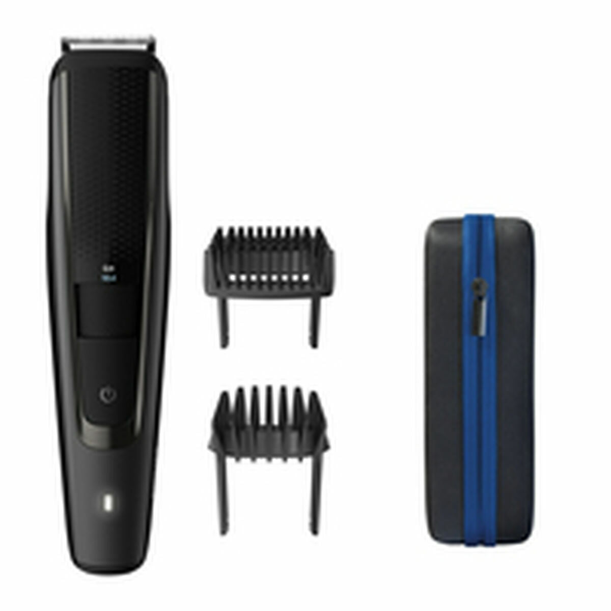 Tondeuse Philips sans fils en noir avec accessoires et étui de rangement, pour un entretien facile à domicile.