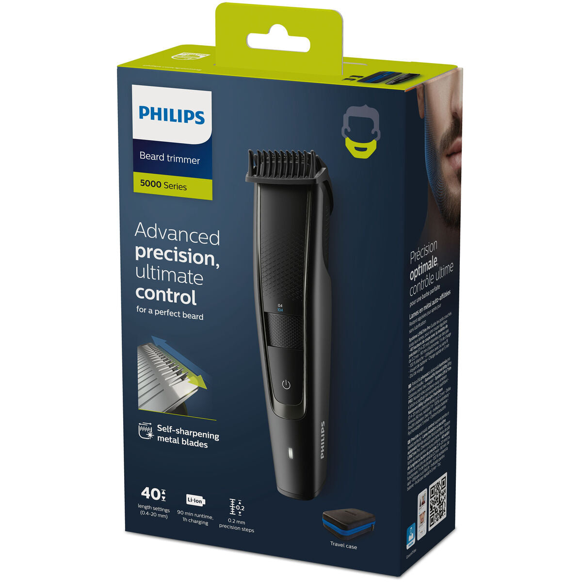 Philips Beard Trimmer 5000 Series packaging showcasing advanced precision and self-sharpening metal blades.