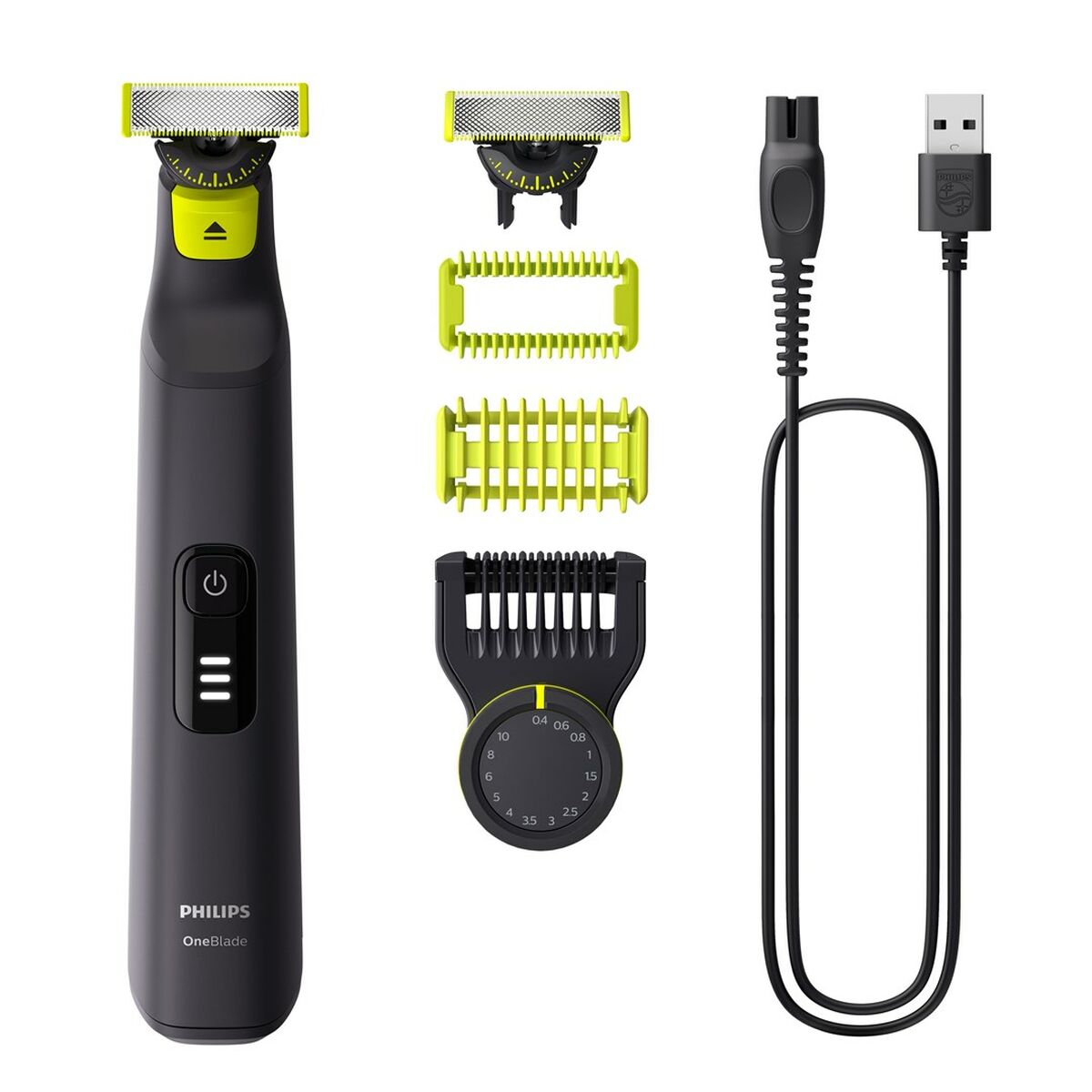 Philips QP6542/15 electric trimmer with attachments and USB charging cable for versatile grooming.