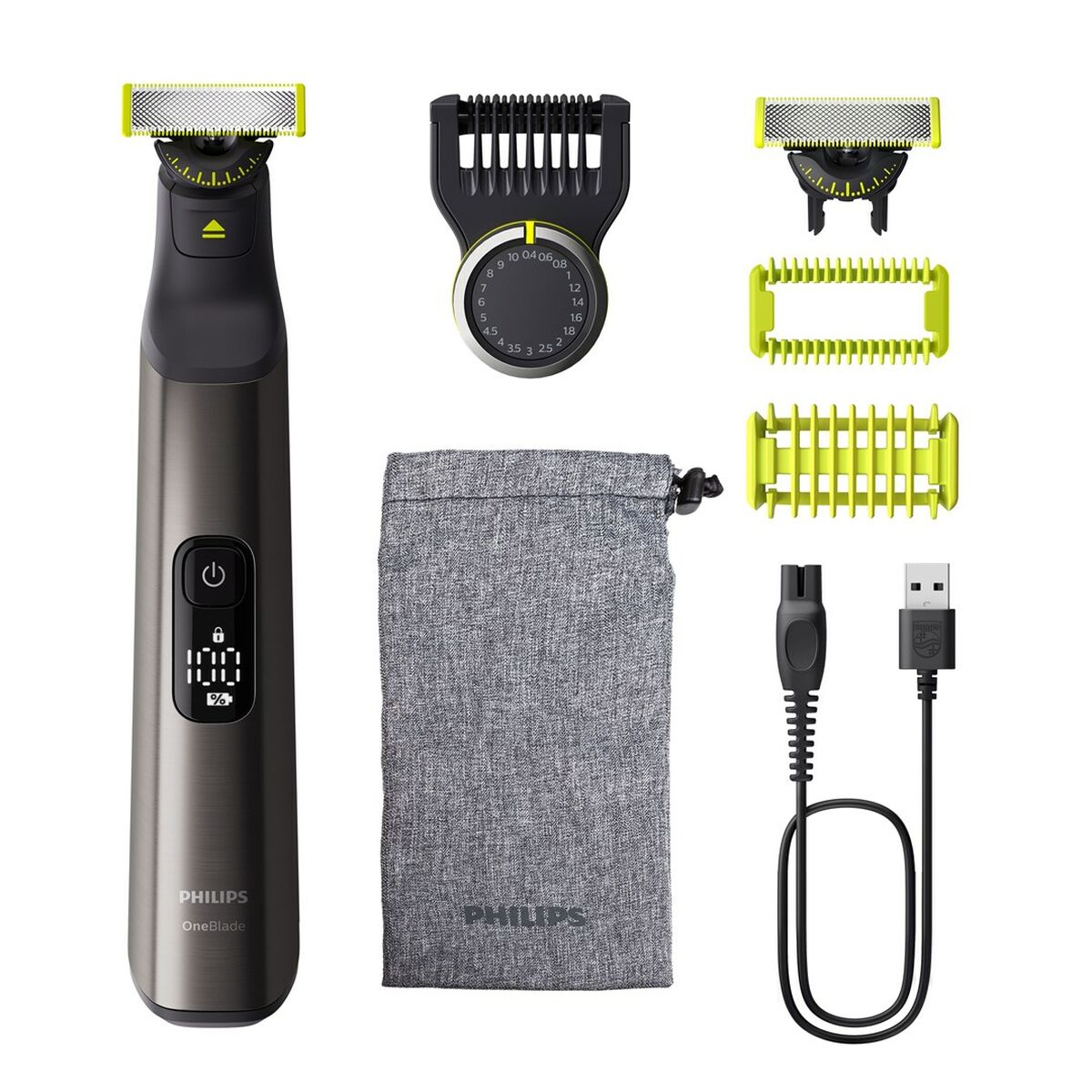 Philips QP6552/15 electric trimmer with accessories, USB charger, and protective pouch in chrome finish.