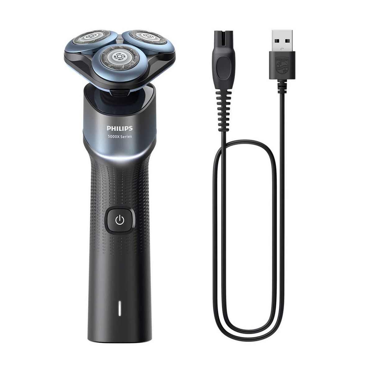 Tondeuse Philips X5006/00 avec trois lames et câble USB, rasage électrique humide et sec, design moderne.