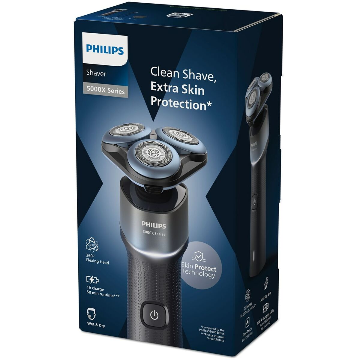 Philips 5000X Series shaver packaging, featuring clean shave and extra skin protection technology.
