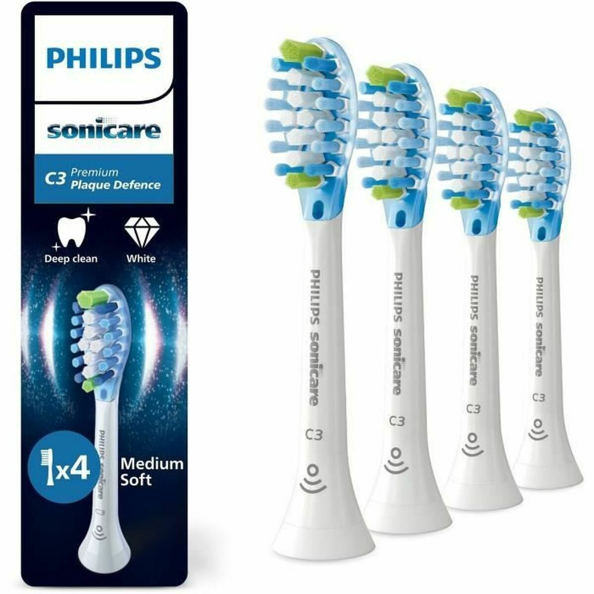 Têtes de rechange Philips Sonicare C3 Premium Plaque Defence, pack de 4 unités, brosses blanches et douces.