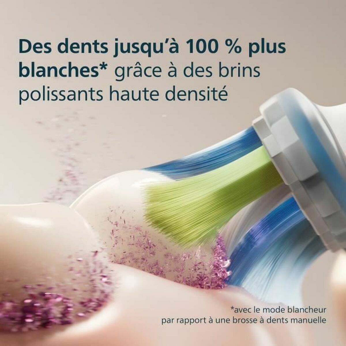 Brosse à dents Philips illustrant des brins polissants haute densité pour un sourire 100% plus blanc.