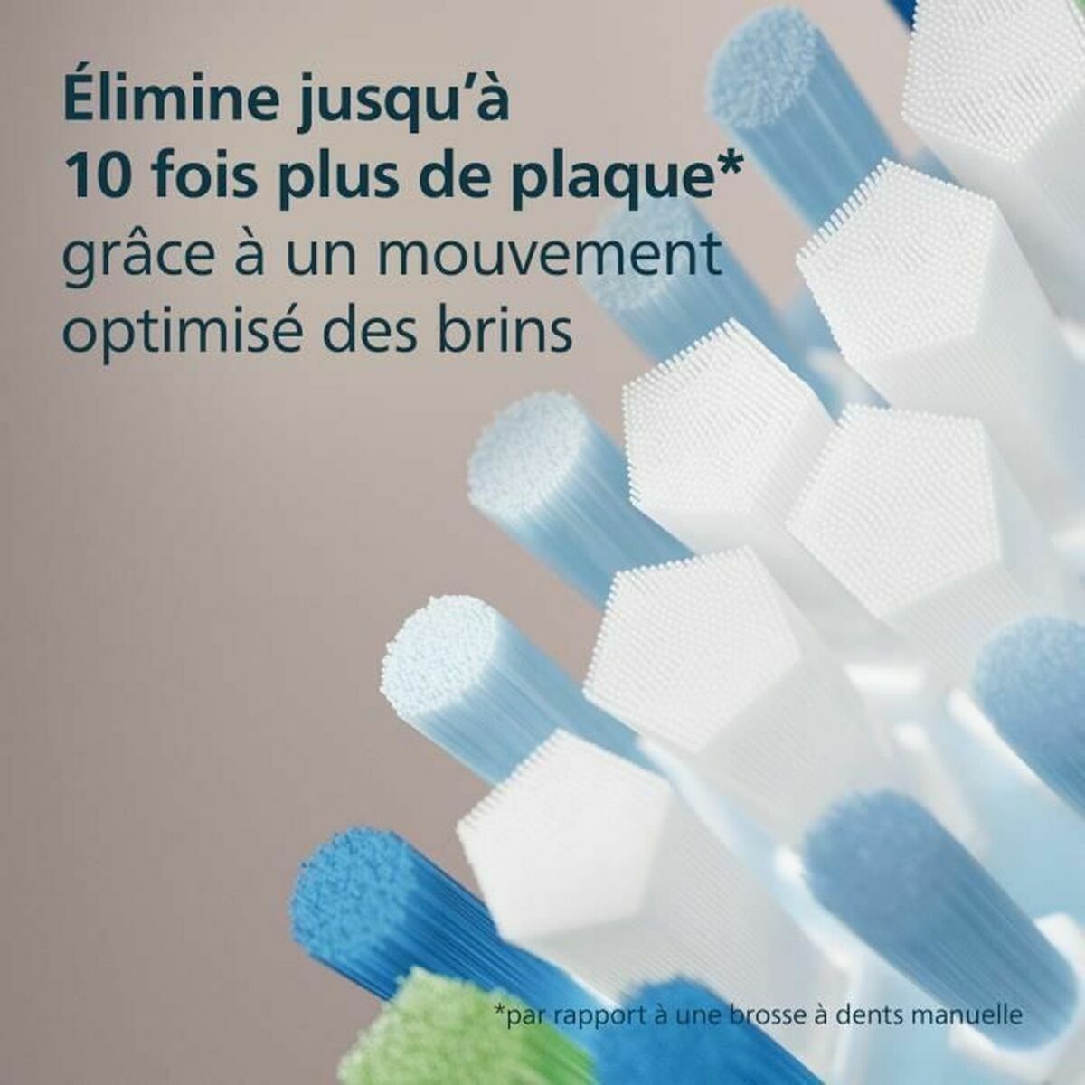 Illustration montrant des brins de brosse à dents éliminant jusqu'à 10 fois plus de plaque dentaire.