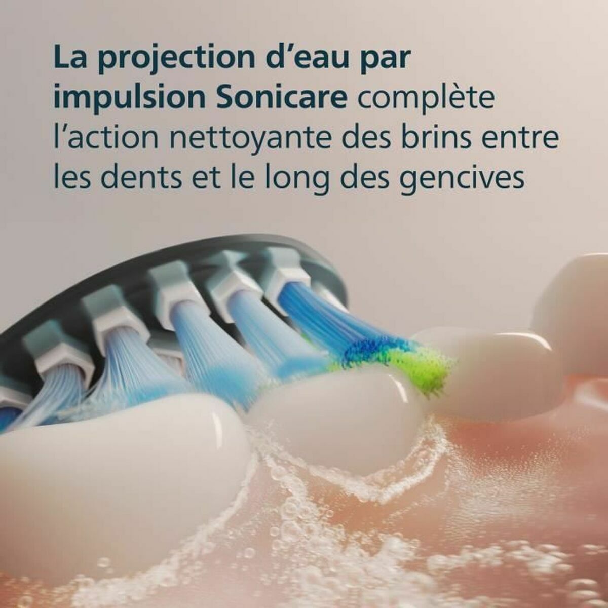 Image illustrating Sonicare water impulse technology for deep cleaning between teeth and along gums.